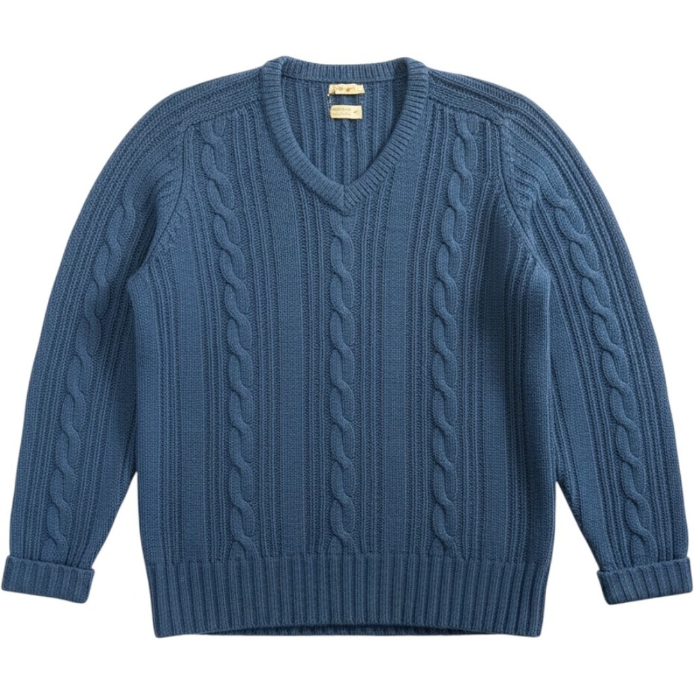 Alan Paine The Regiment‎ Blue Shetland Wool Cable Knit V-Neck Sweater England 46